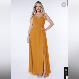 A-line, V-neck pleated chiffon floor length gold bridesmaid/formal dress size 2